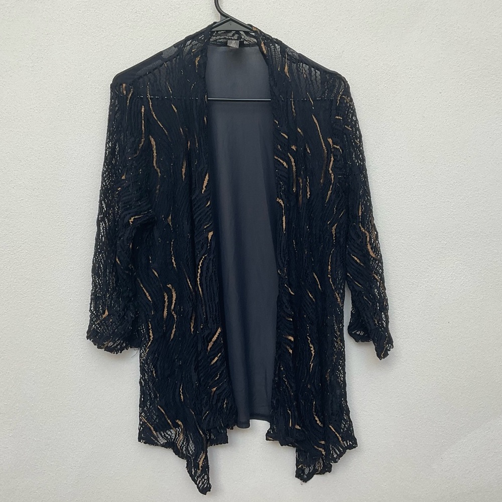 Chico's Travelers Navy Blue, Gold Half Sleeve Sheer Back Cardigan Size 2 L/12